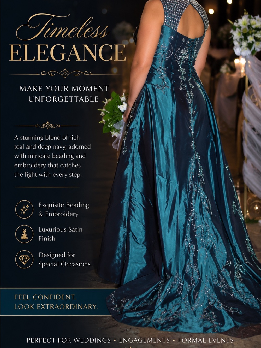 Teal and Navy Beaded Satin Prom Gown - Timeless Elegance